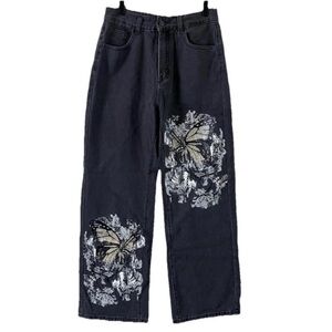 ROMWE High Rise Wide Leg Dark Denim Jeans Size 6 NWT Butterfly Print Y2K Skater